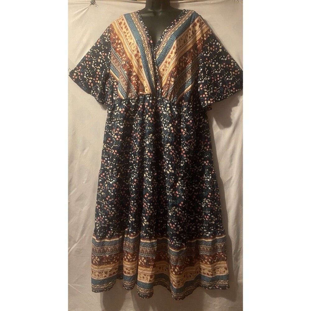 NWT KELUUMMI Blue Floral V-Neck Flutter Sleeve Maxi Dress 26 4X Boho Cottagecore